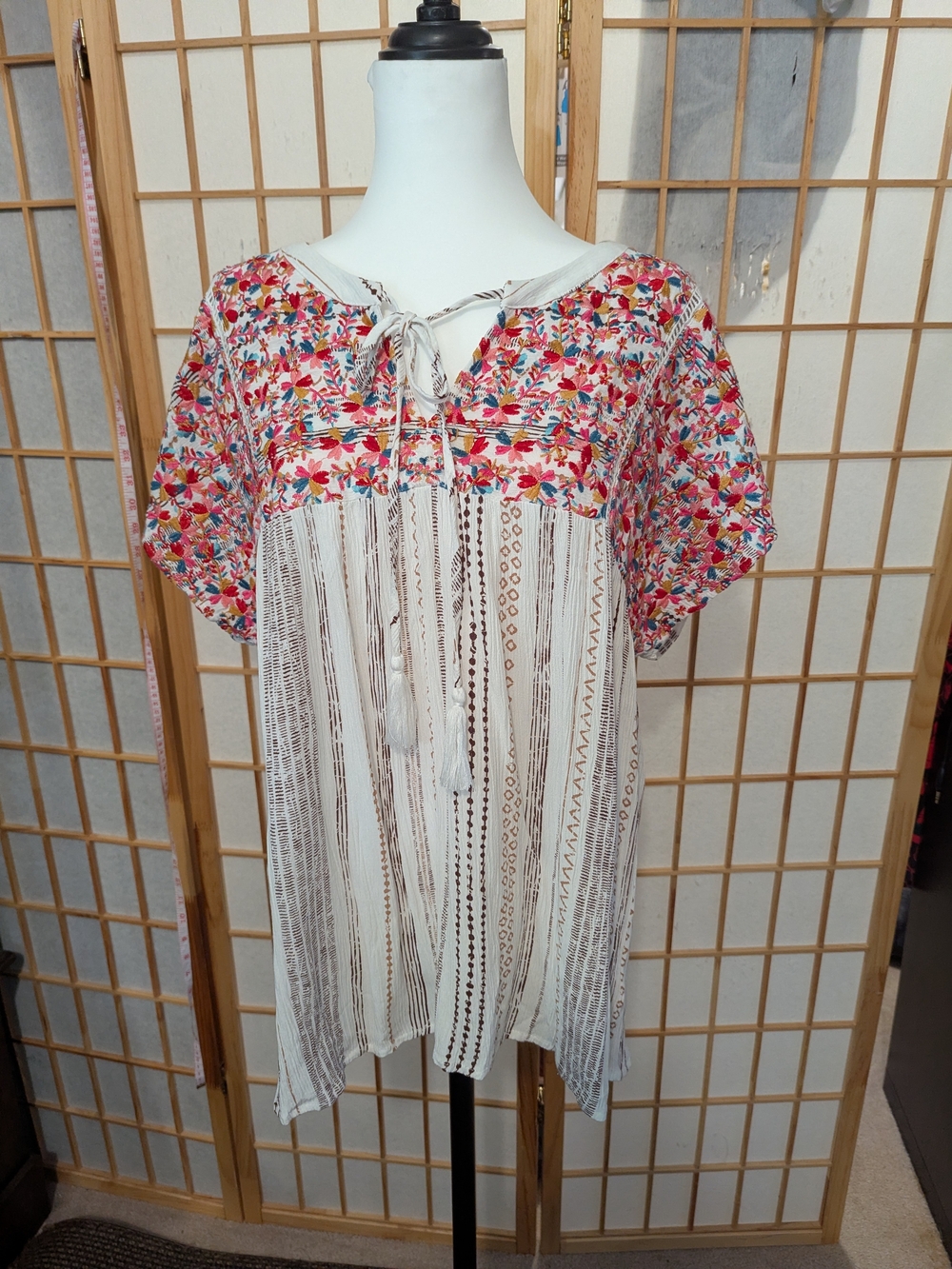 Savanna Jane Cream Tunic with Red & Pink Floral Yoke